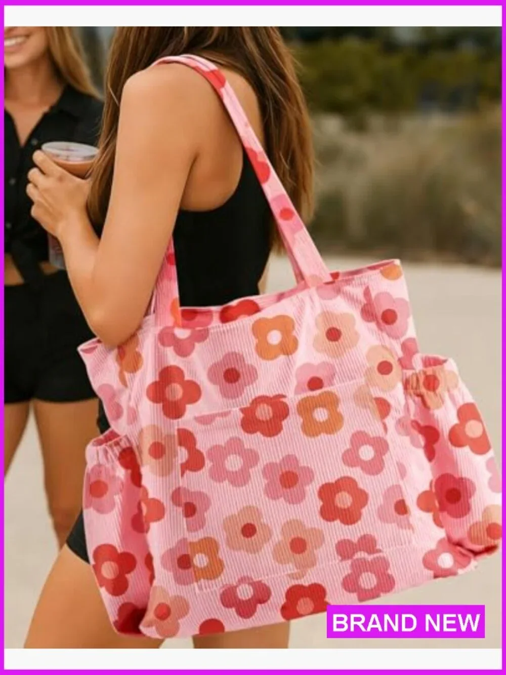 Large Corduroy Tote Bag with Zipper Multi-Pocket Shoulder Hobo for Women